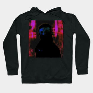 Portrait, digital collage and special processing. Like arabic. Cursed man with mouth mask. Pink and blue. Hoodie